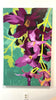 A video of a Floral painting with purple flowers on a teal background hanging on a white wall