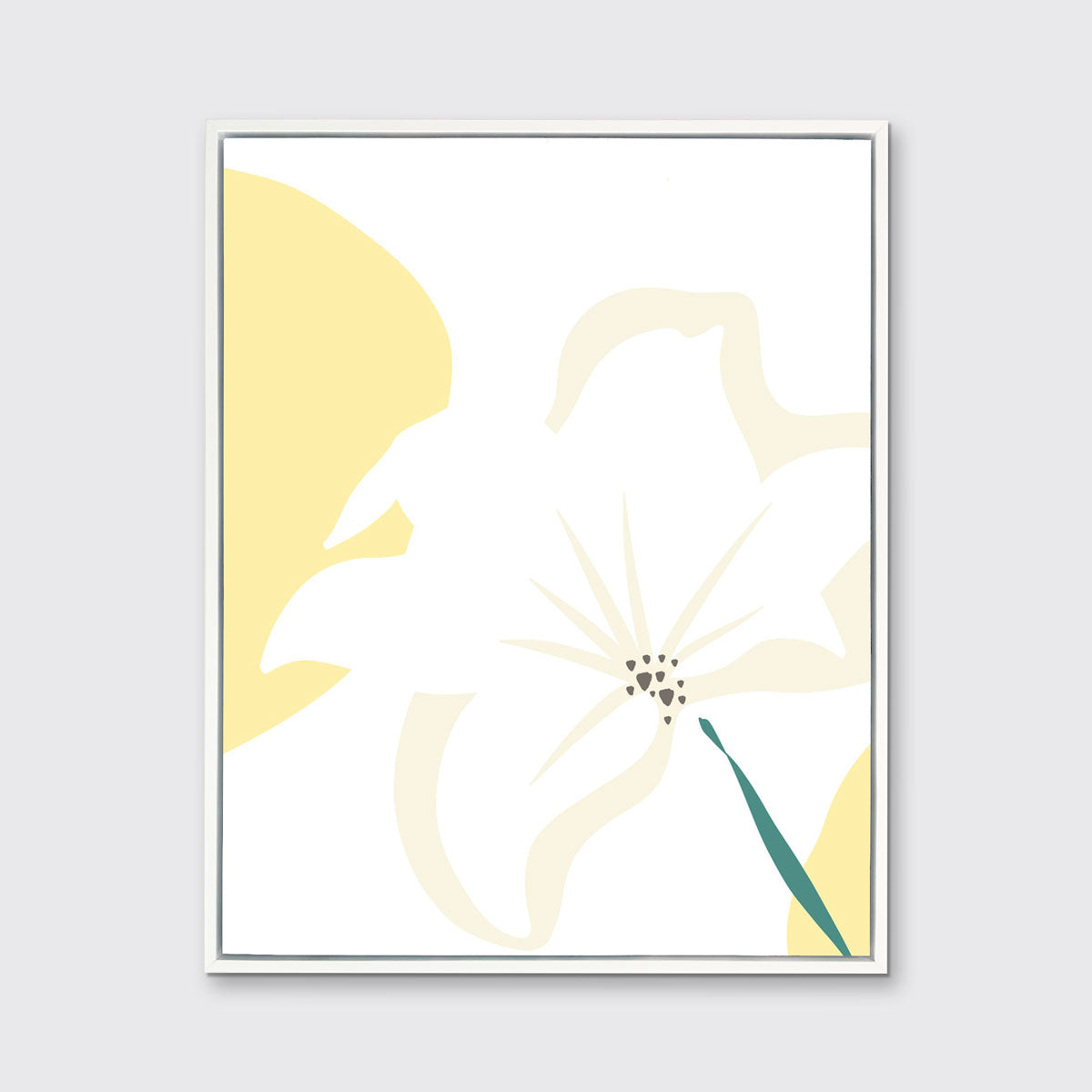 A light yellow abstract botanical art print framed in a white frame hangs on a light wall.
