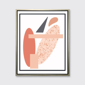 A pink and grey abstract art print framed in a silver frame hangs on a light wall.