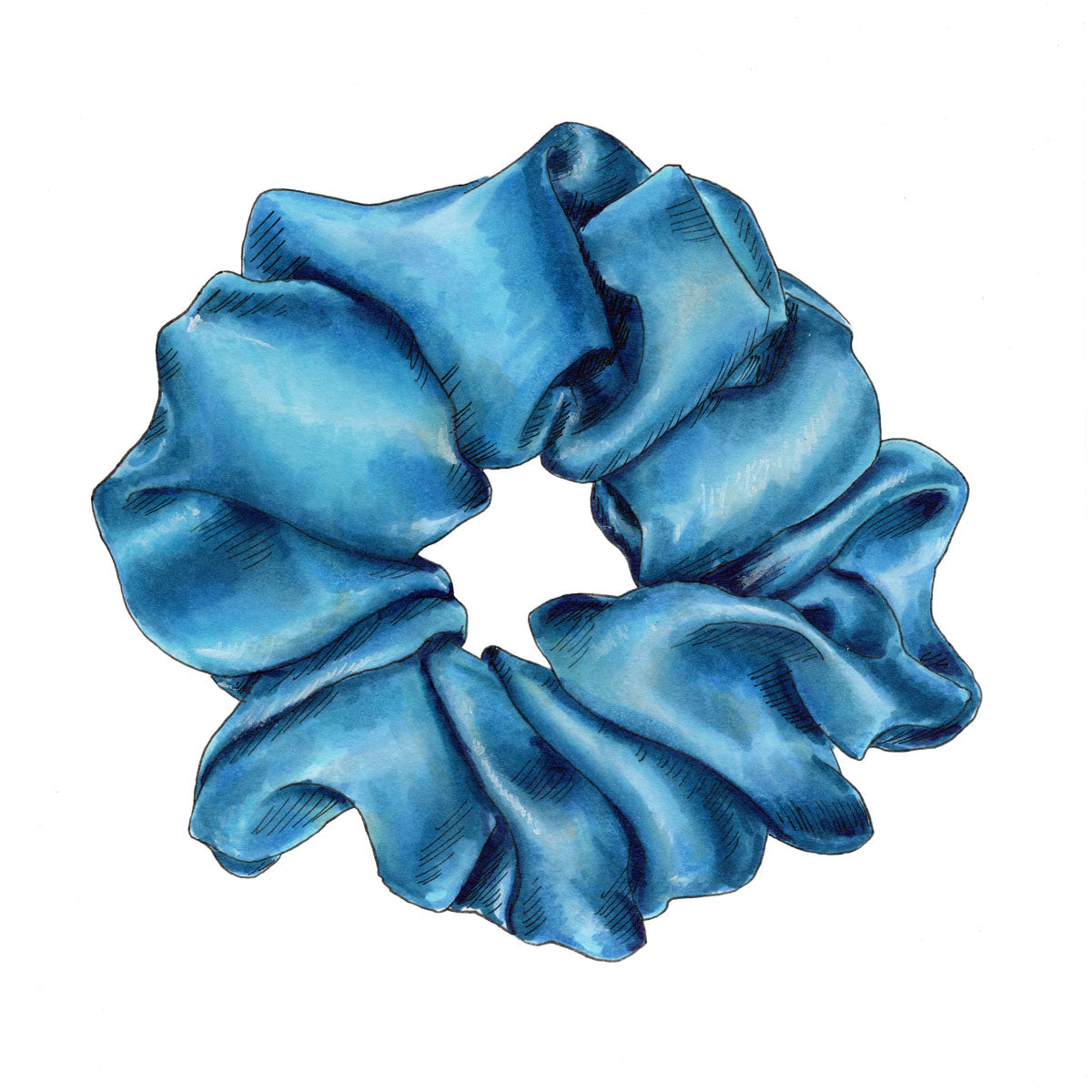 A drawing of a blue hair scrunchie by Elizabeth Iadicicco. 