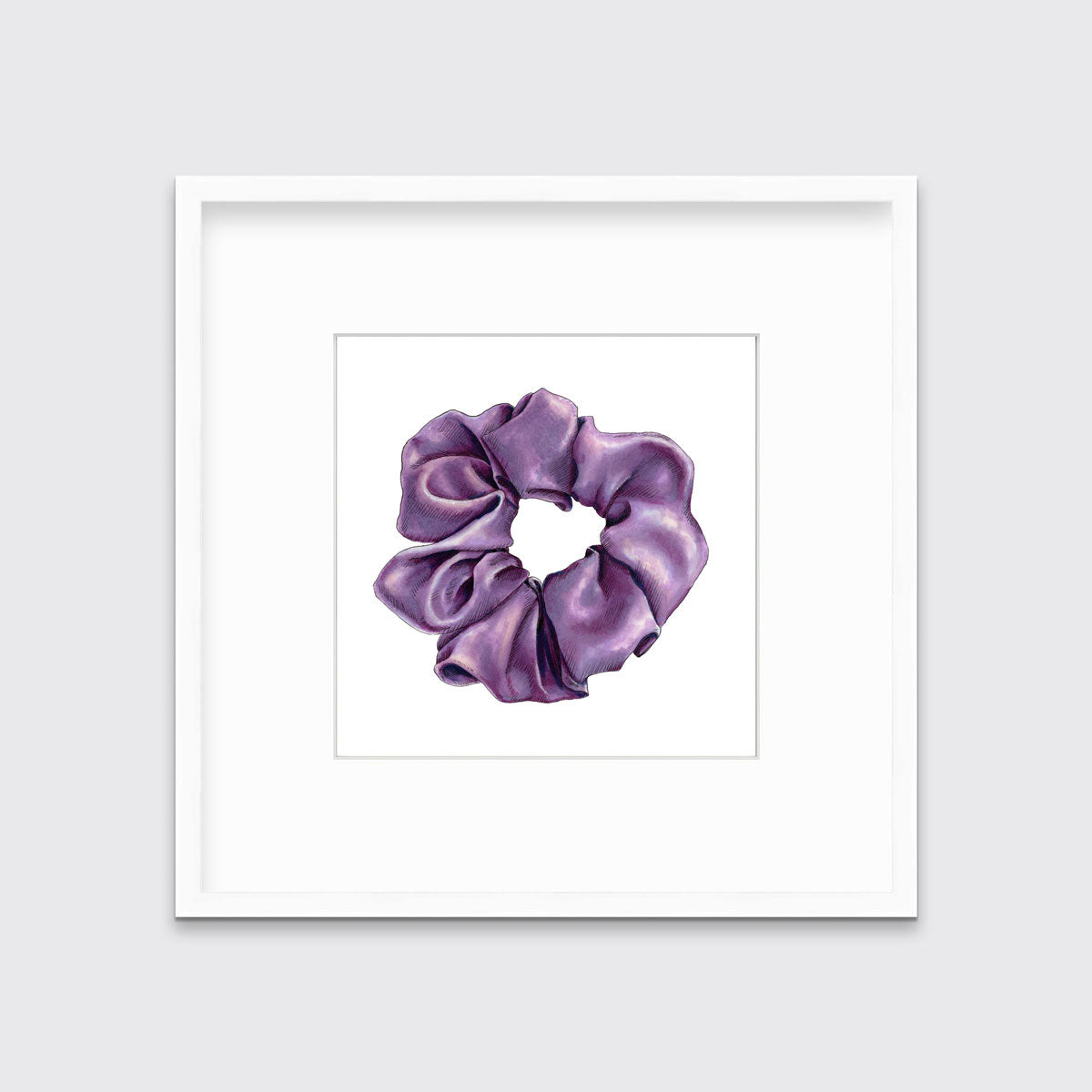 A drawing of a purple hair scrunchie, framed in a white frame hangs on a white wall. 