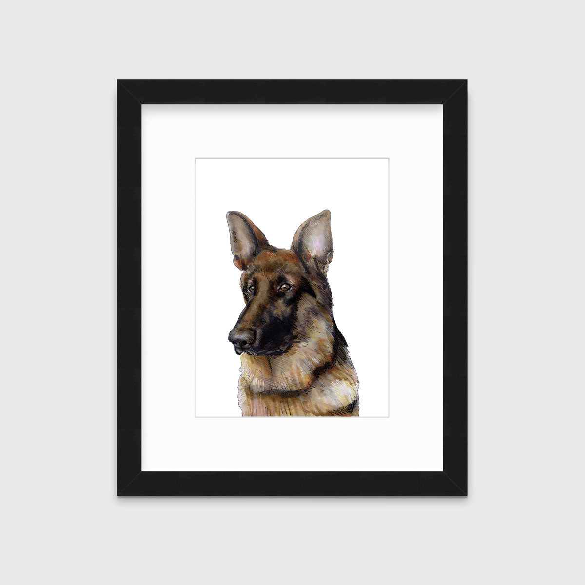 An illustration of a German Shepherd dog framed in a black frame hangs on a white wall.