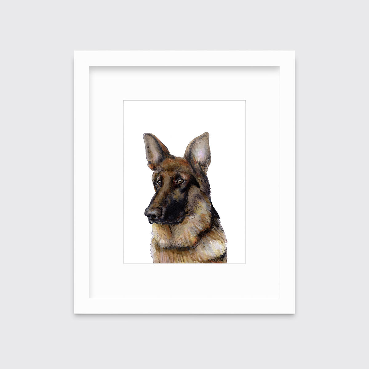 An illustration of a German Shepherd dog framed in a white frame hangs on a white wall.