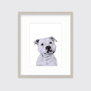An illustration of a Staffordshire Bull Terrier dog framed in a silver frame hangs on a white wall.