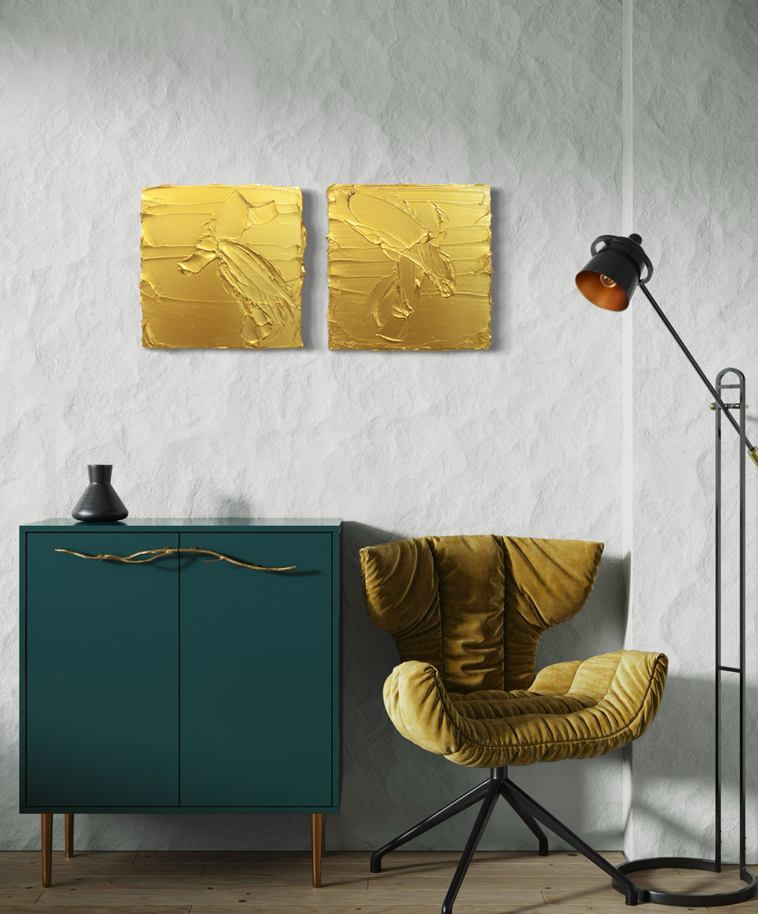 Modern interior with teal cabinet, gold chair, and 2 original abstract gold paintings on a gray wall.