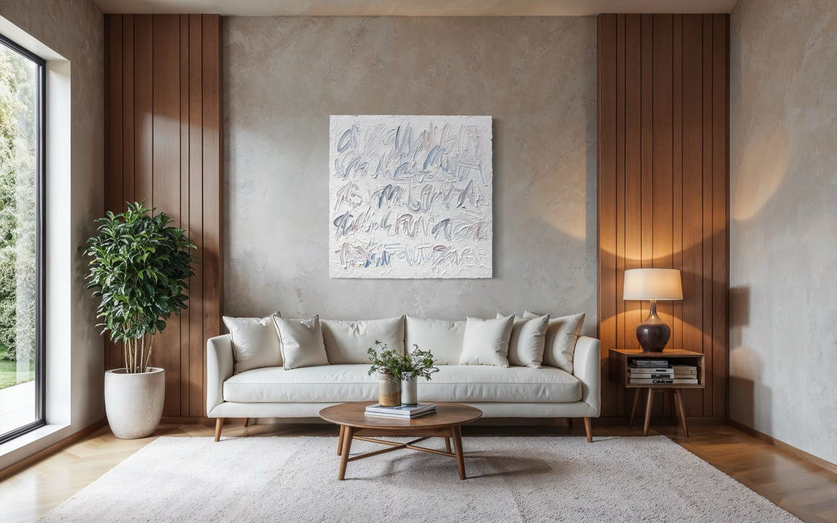 A modern living room featuring a light beige sofa with white pillows, a round wooden coffee table, a large potted green plant, and a textured abstract canvas painting on the wall above the sofa.