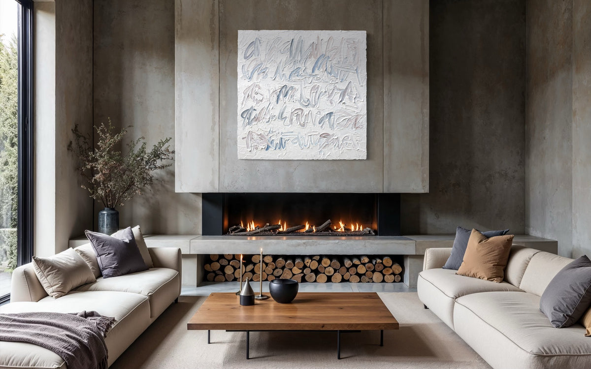 A modern living room with two cream-colored sofas facing a black wood-burning fireplace. A rectangular abstract canvas text based painting with blue-gray calligraphy hangs on the concrete wall above the fireplace.