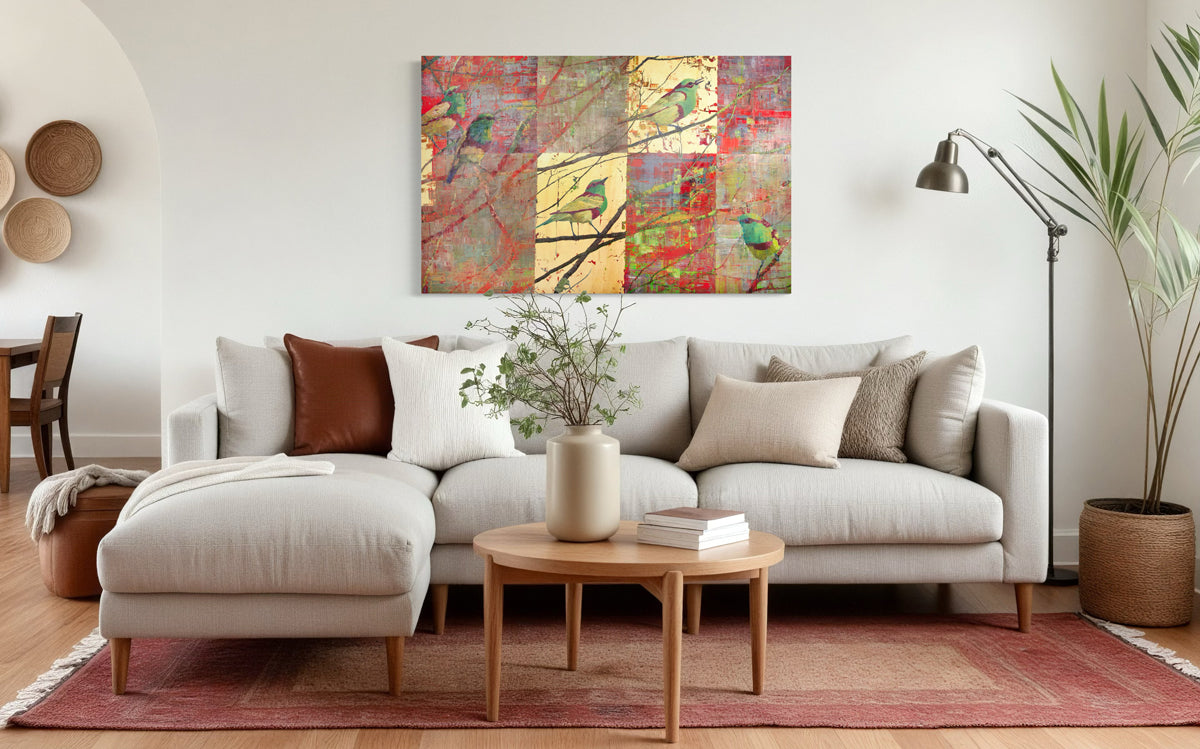 Living room with a beige sectional sofa, coffee table, and decorative wall art.
