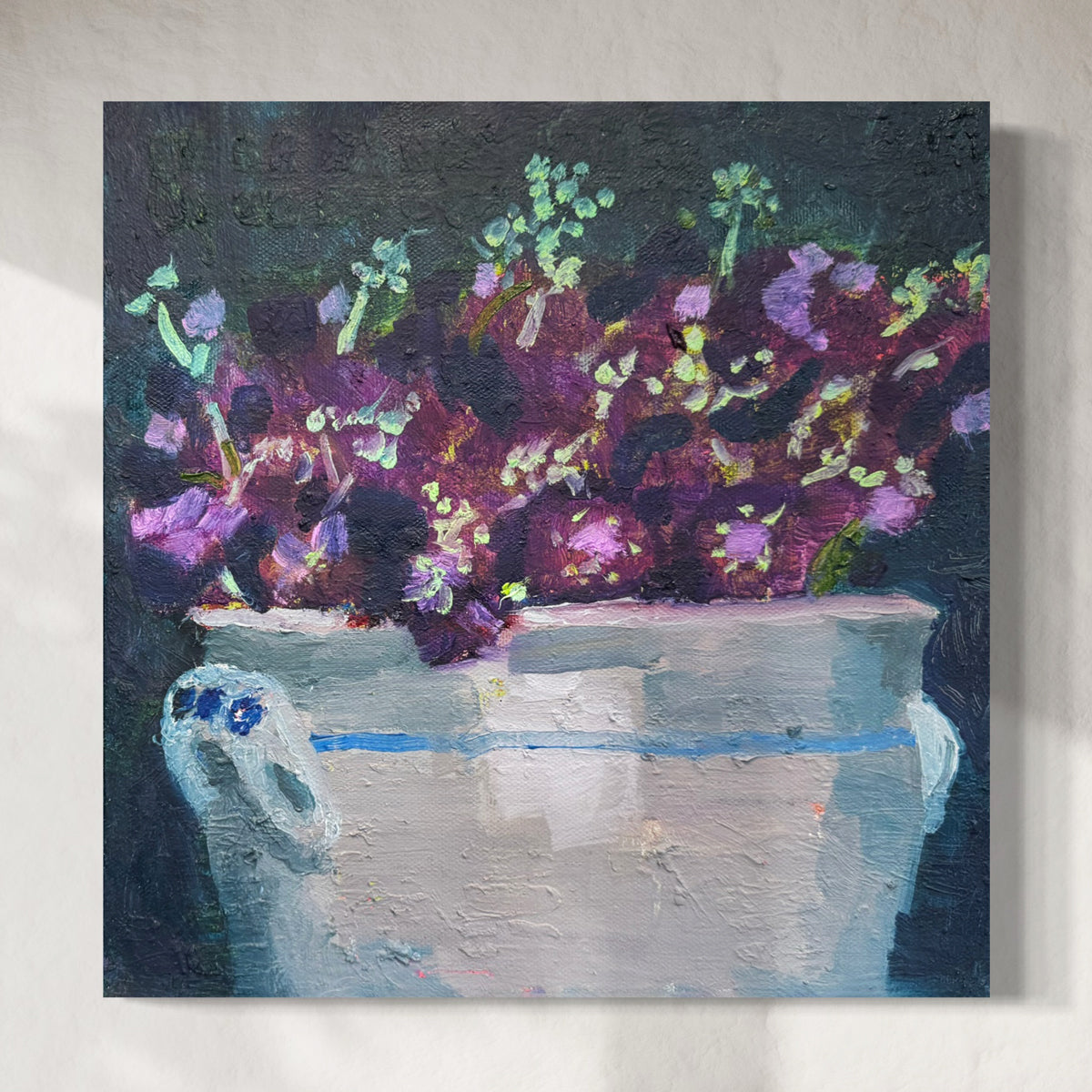 Abstract painting of flowers in a vase on a dark background