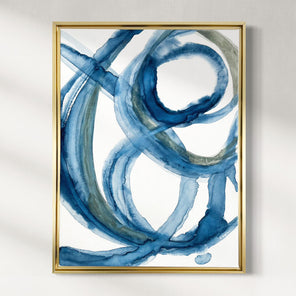 Abstract blue painting with gold frame on a white wall