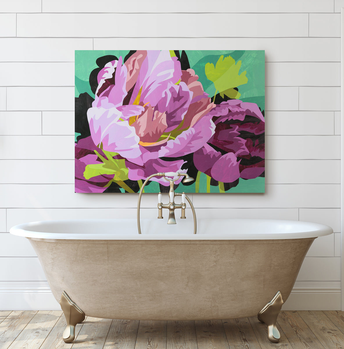 Floral painting with pink and purple flowers on a teal background hanging on a white wall over a old-fashioned tub.