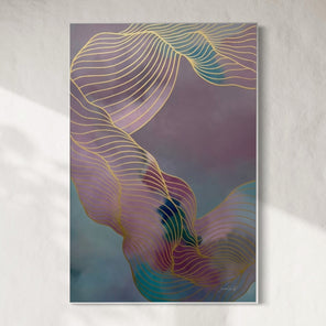 Abstract art print with wavy lines on a textured wall