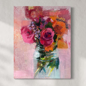 Original abstract painting of flowers in a vase with pink and orange tones hanging on a wall.