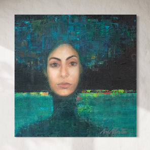Abstract painting of a woman's face with a textured background