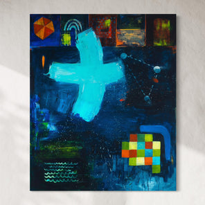 Abstract painting with blue cross and colorful geometric shapes on a light gray background