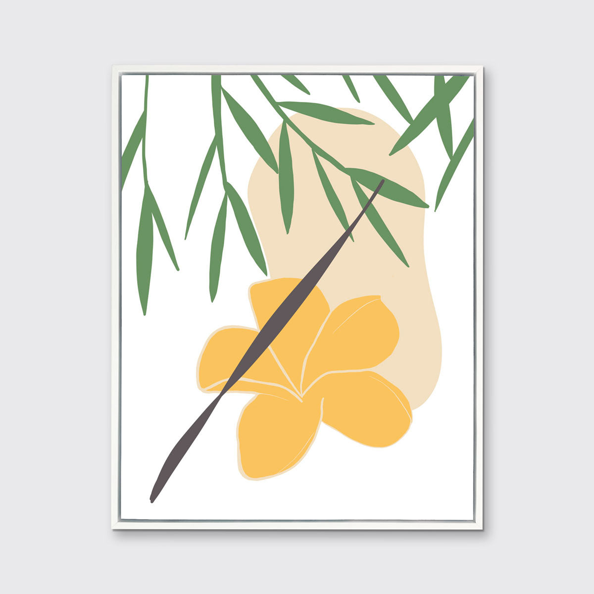 A green and yellow abstract botanical art print framed in a white frame hangs on a light wall.