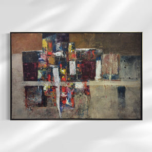 A modern painting by modern artist Stanley Bate is hung on a white wall.