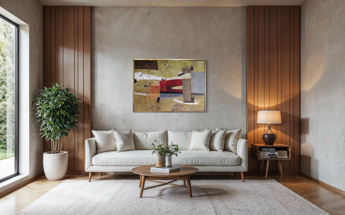 Modern living room with a white sofa, coffee table, and abstract painting on a gray wall.