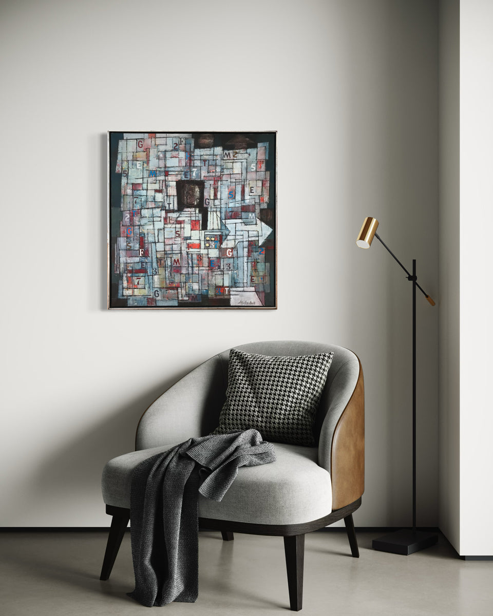 Modern interior with a gray armchair, abstract artwork, and standing lamp.
