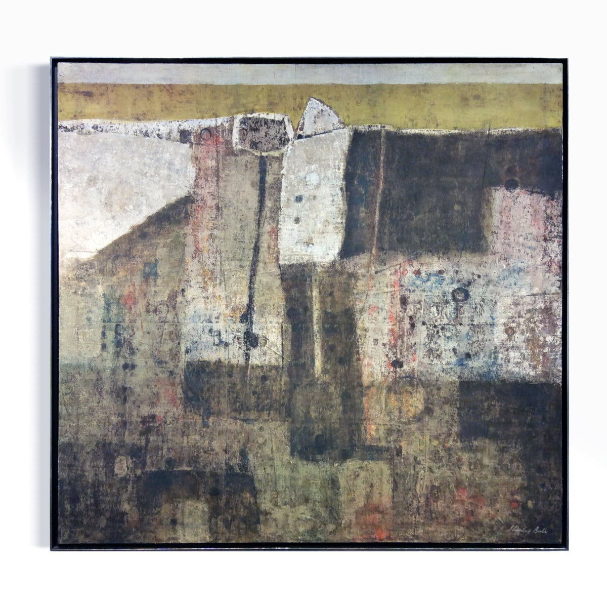Modern original oil abstract painting with geometric shapes and earthy tones on a white background