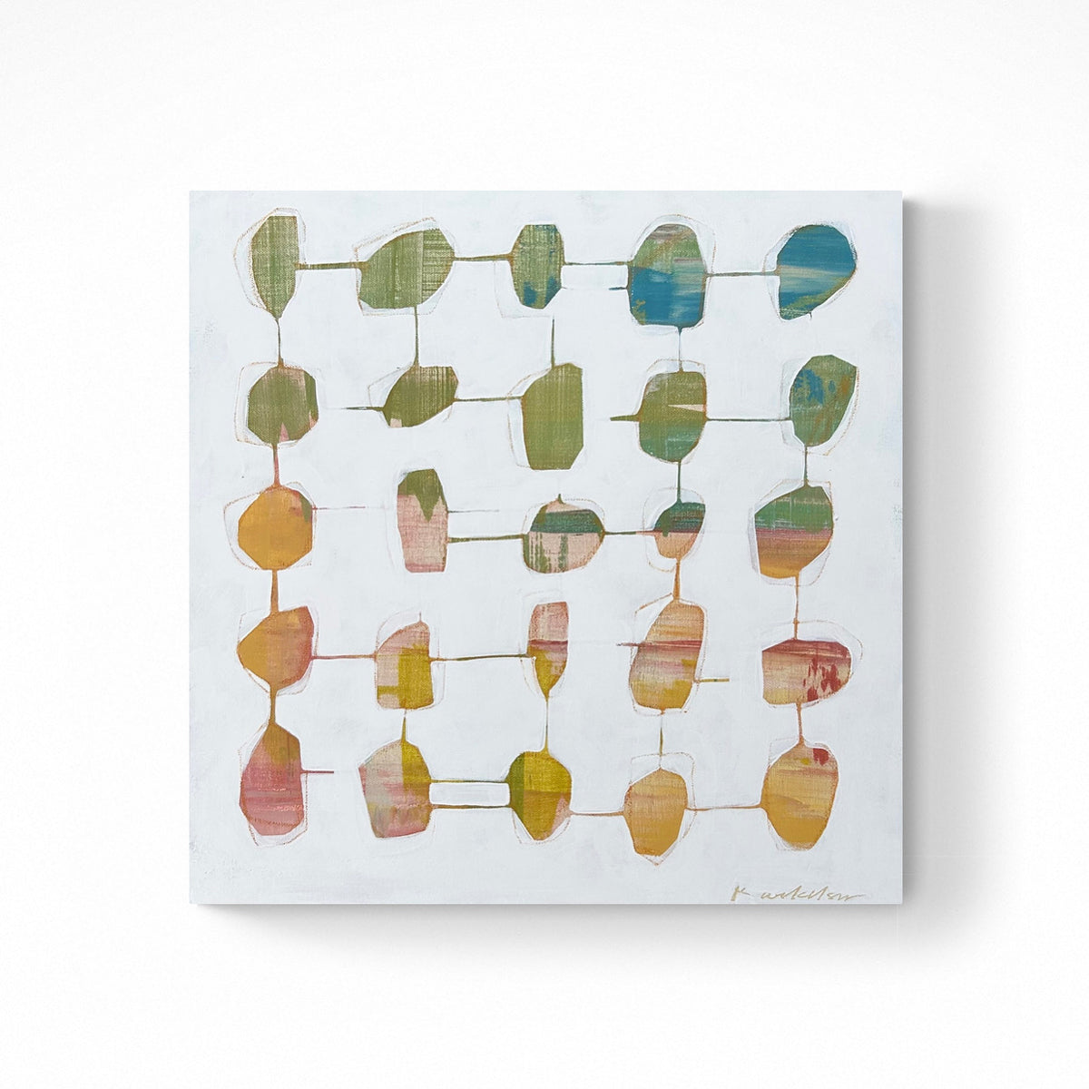 An abstract geometric painting hangs on a white wall. 