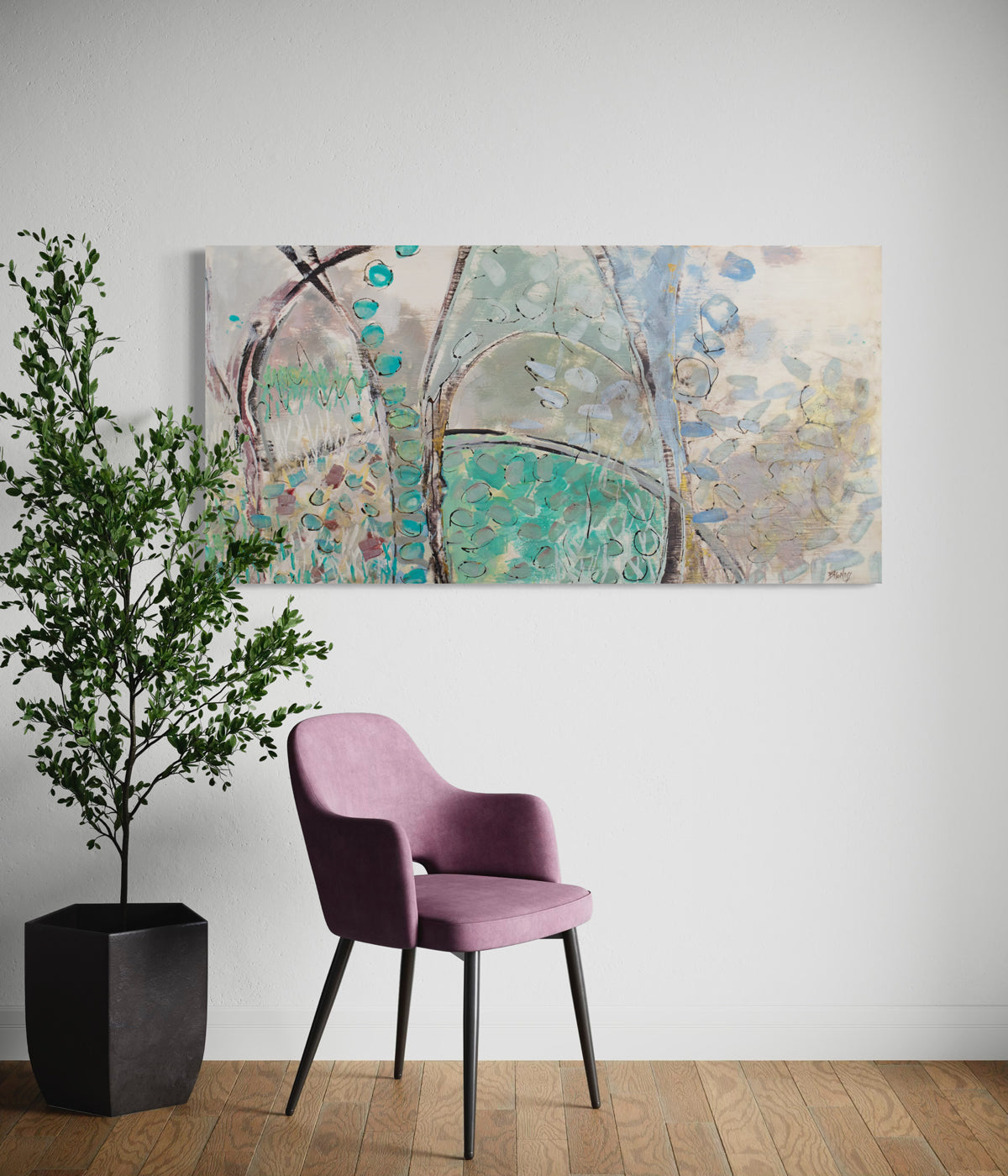 A blue, beige, and turquoise abstract painting hangs on a white wall above a pink chair.