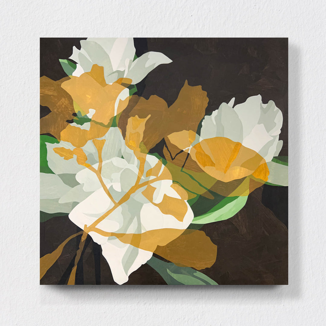 Floral painting with yellow, white, and green flowers on a dark background hanging on a white wall.