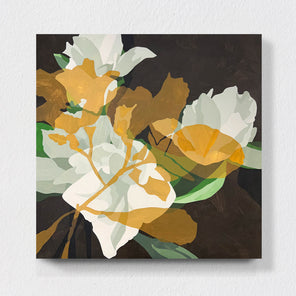 Floral painting with yellow, white, and green flowers on a dark background hanging on a white wall.