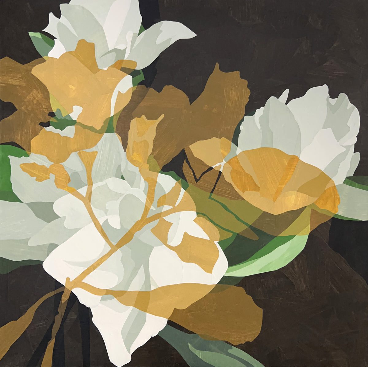 Floral painting with yellow, white, and green flowers on a dark background