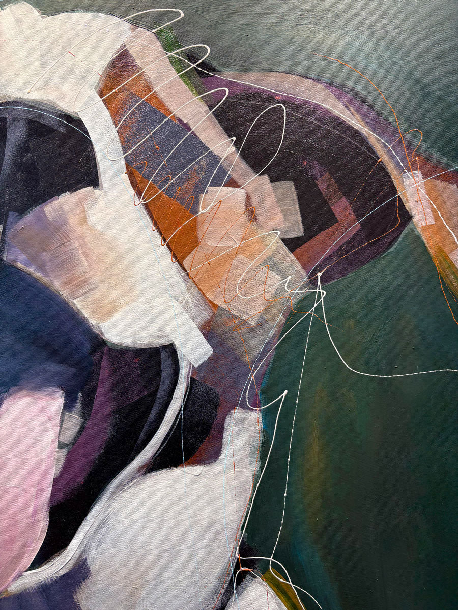 A close up view of an abstracted painting with layered brushstrokes in white, purple, orange, black, and deep green, featuring organic and geometric forms.