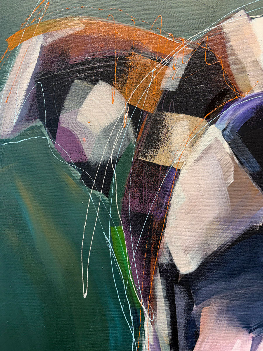A close up view of a painting with expressive brushstrokes in teal, green, white, black, orange, purple, and blue, with dripped paint details and layered geometric forms.