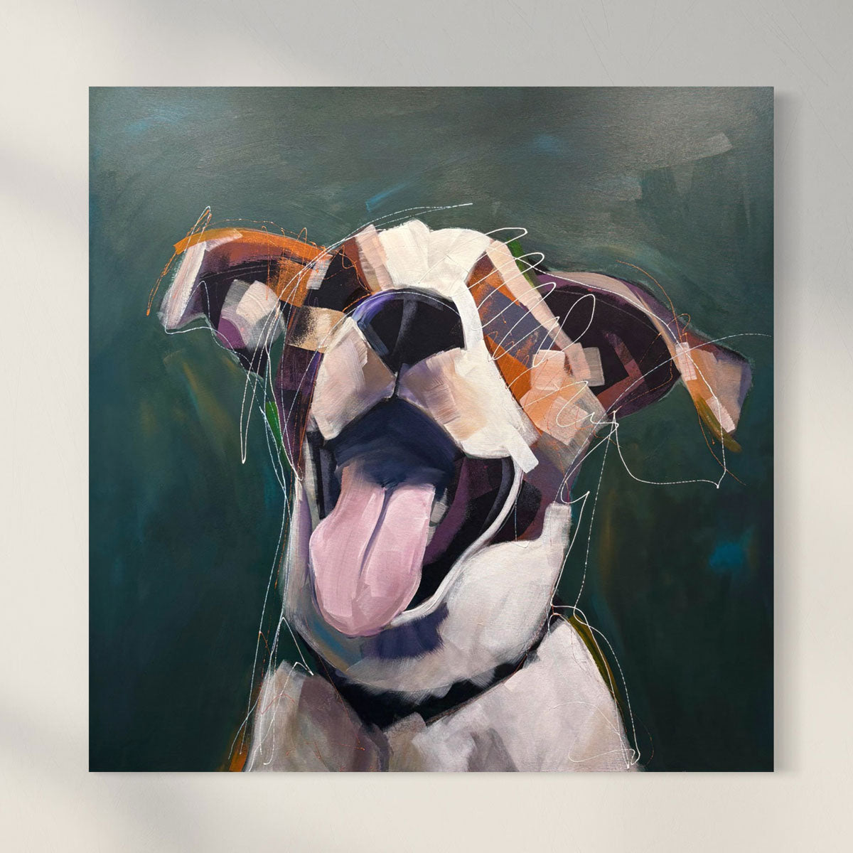 An abstract canvas painting of a dog's face with its tongue out, rendered in expressive brushstrokes of white, pink, orange, and dark teal on a light wall.