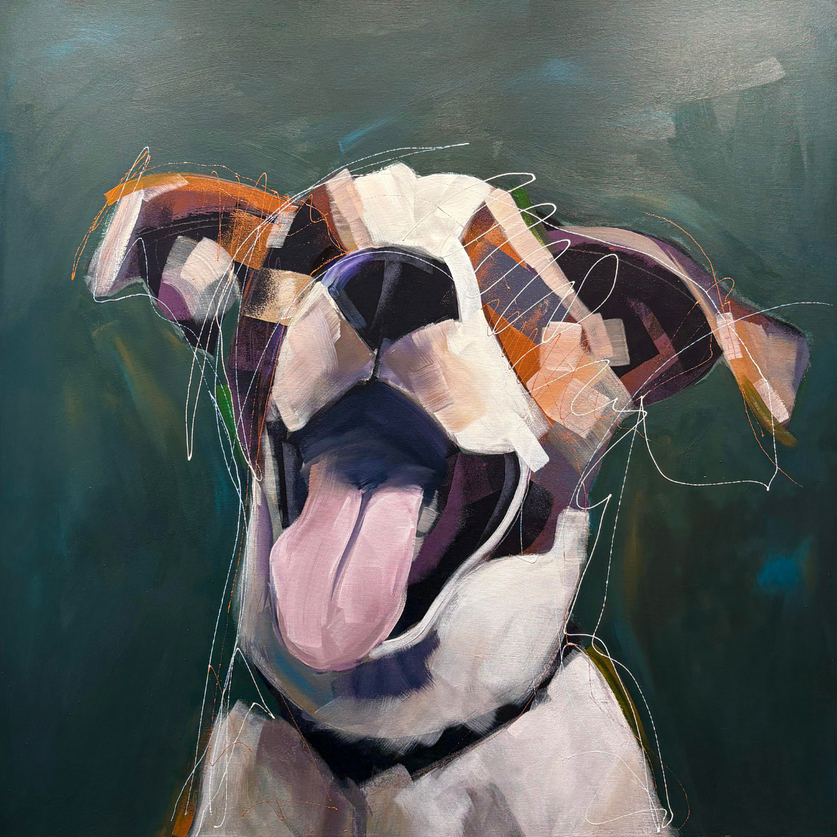 Abstract expressionist painting of a dog's face with its tongue out, rendered in white, pink, orange, purple, and black brushstrokes against a dark teal-green background.