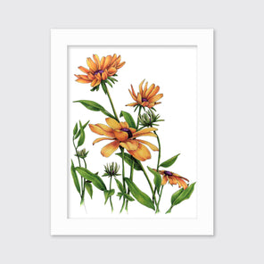 Yellow and orange flowers with a purple center and green stems and leaves print in a white frame hangs on a white wall.
