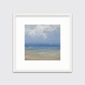 A blue, light green, beige and white abstract seascape print with a small sailboat in a whitewashed frame with a mat hangs on a white wall.