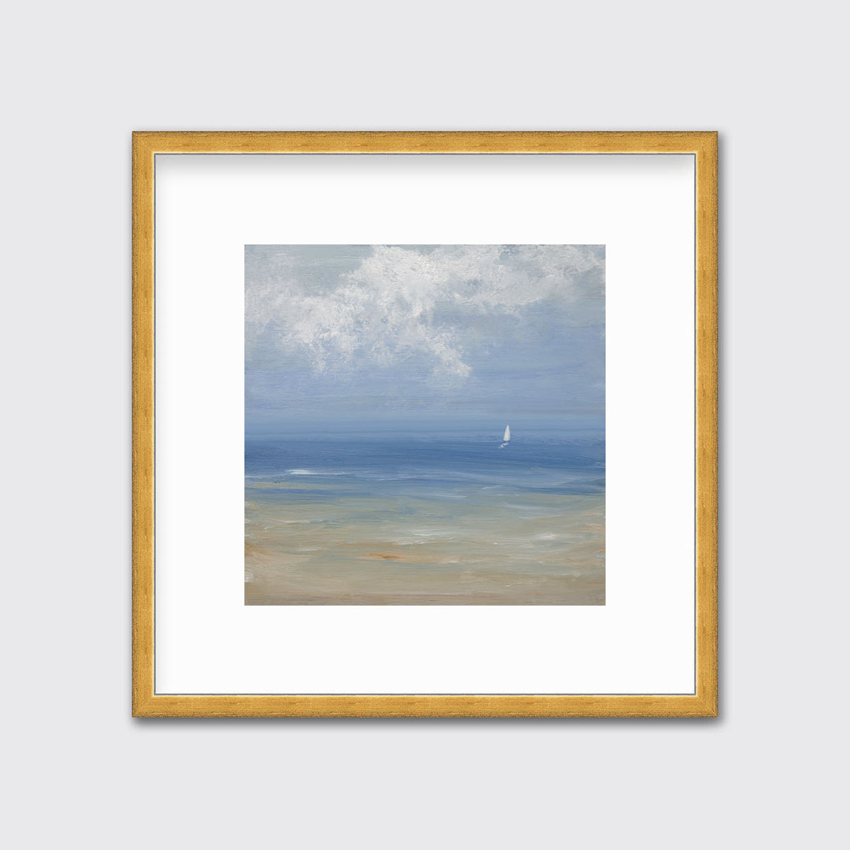 A blue, light green, beige and white abstract seascape print with a small sailboat in a gold frame with a mat hangs on a white wall.