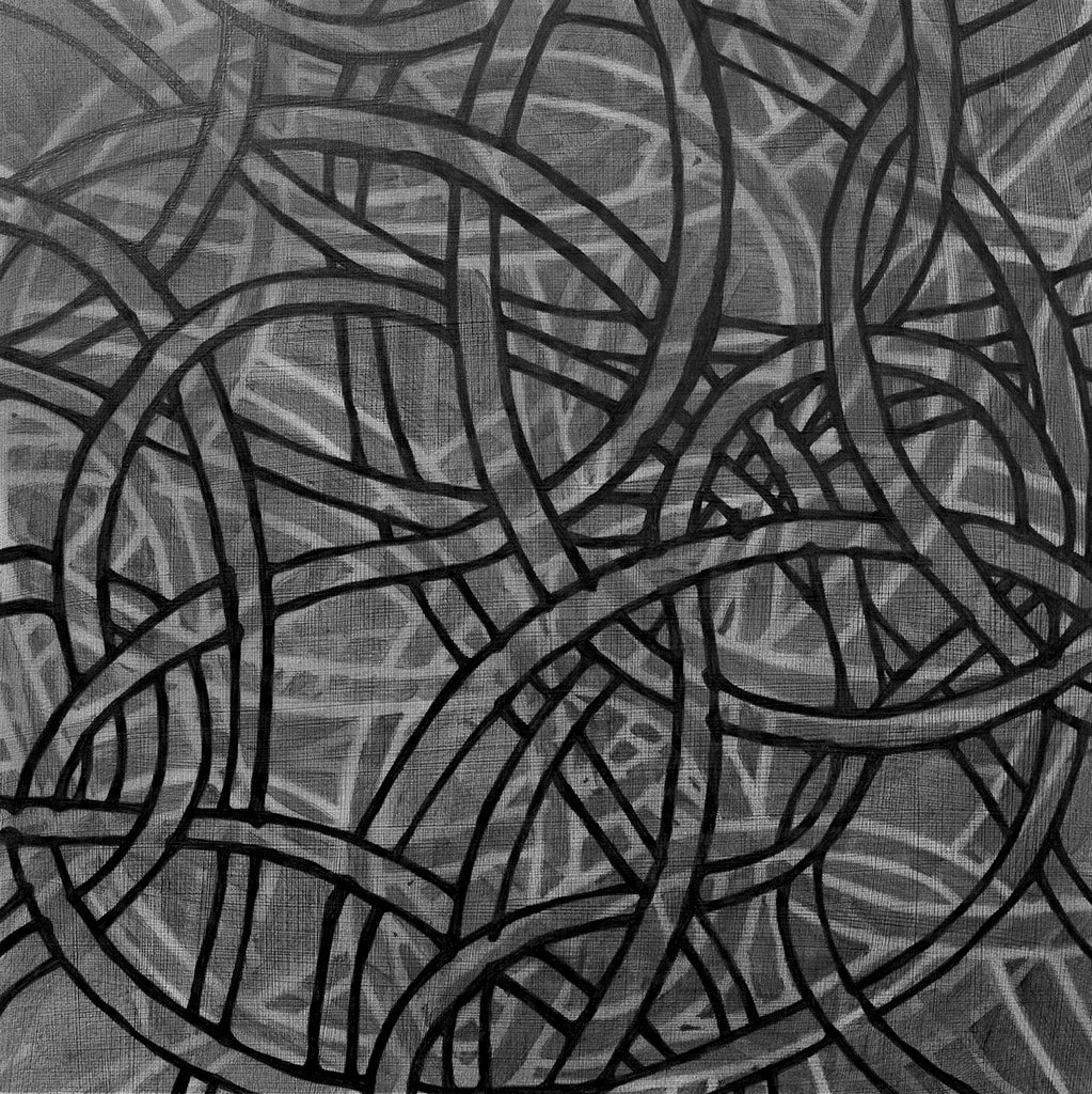 A black, grey and white abstract print by Roger Mudre.
