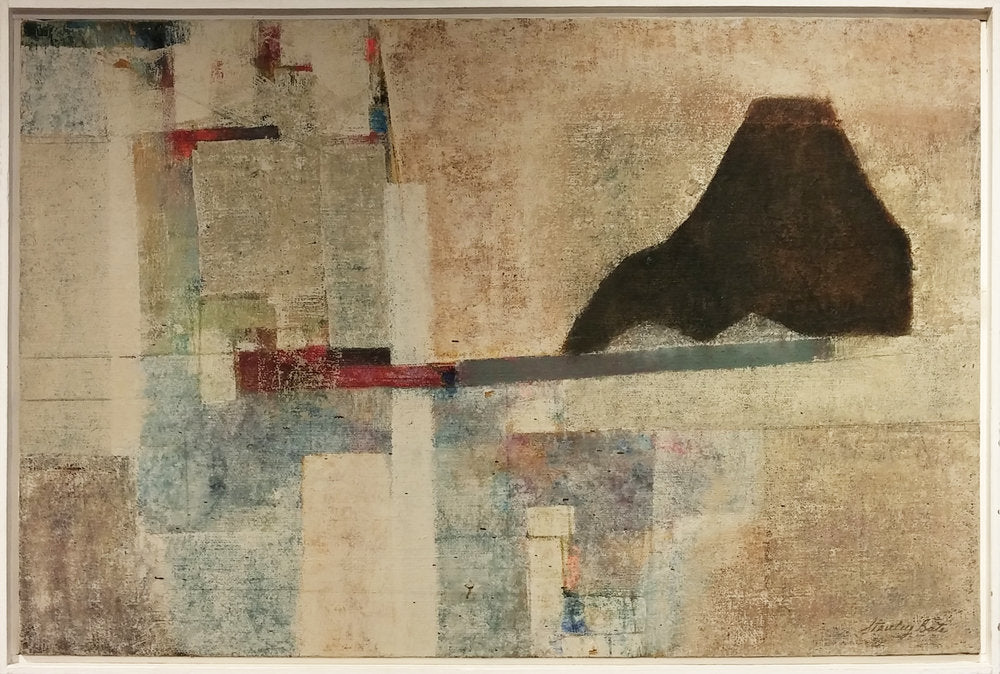 An abstract painting by Stanley Bate is adorned with textured geometric forms. In the primary part of the composition a red and grey bar balances a black mountainous form. The artwork sits in a white frame.