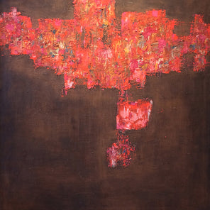 Abstract expressionist painting with brown background and vibrant red, textured foreground.