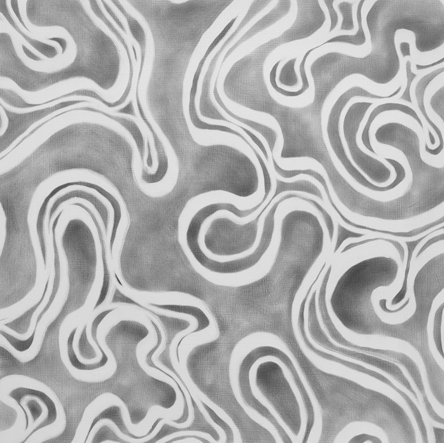 A grey and white abstract print by Roger Mudre.