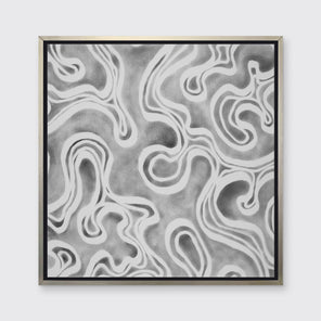 A grey and white abstract print in a silver floater frame hangs on a white wall.