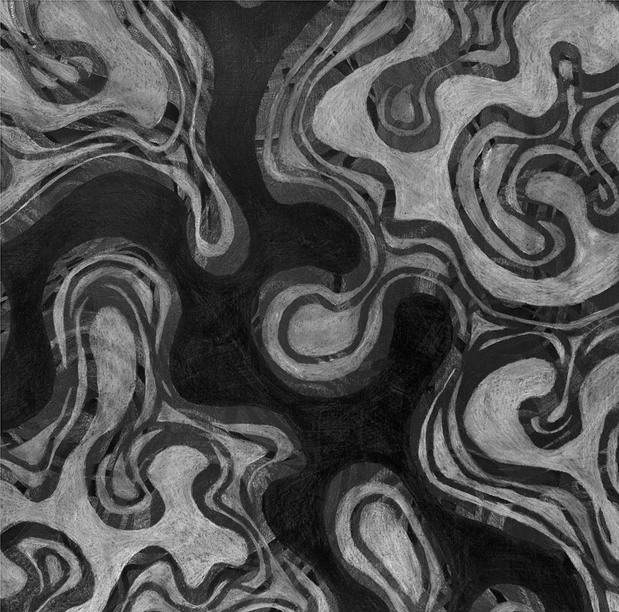 A black and grey abstract print by Roger Mudre.