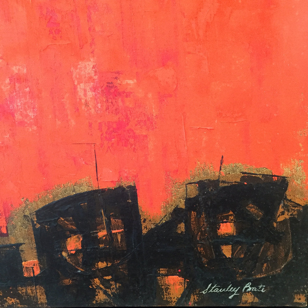Lower half of the painting showing the red and orange with texture, black and gold mixed at the bottom, and the artists' signature written in white paint.