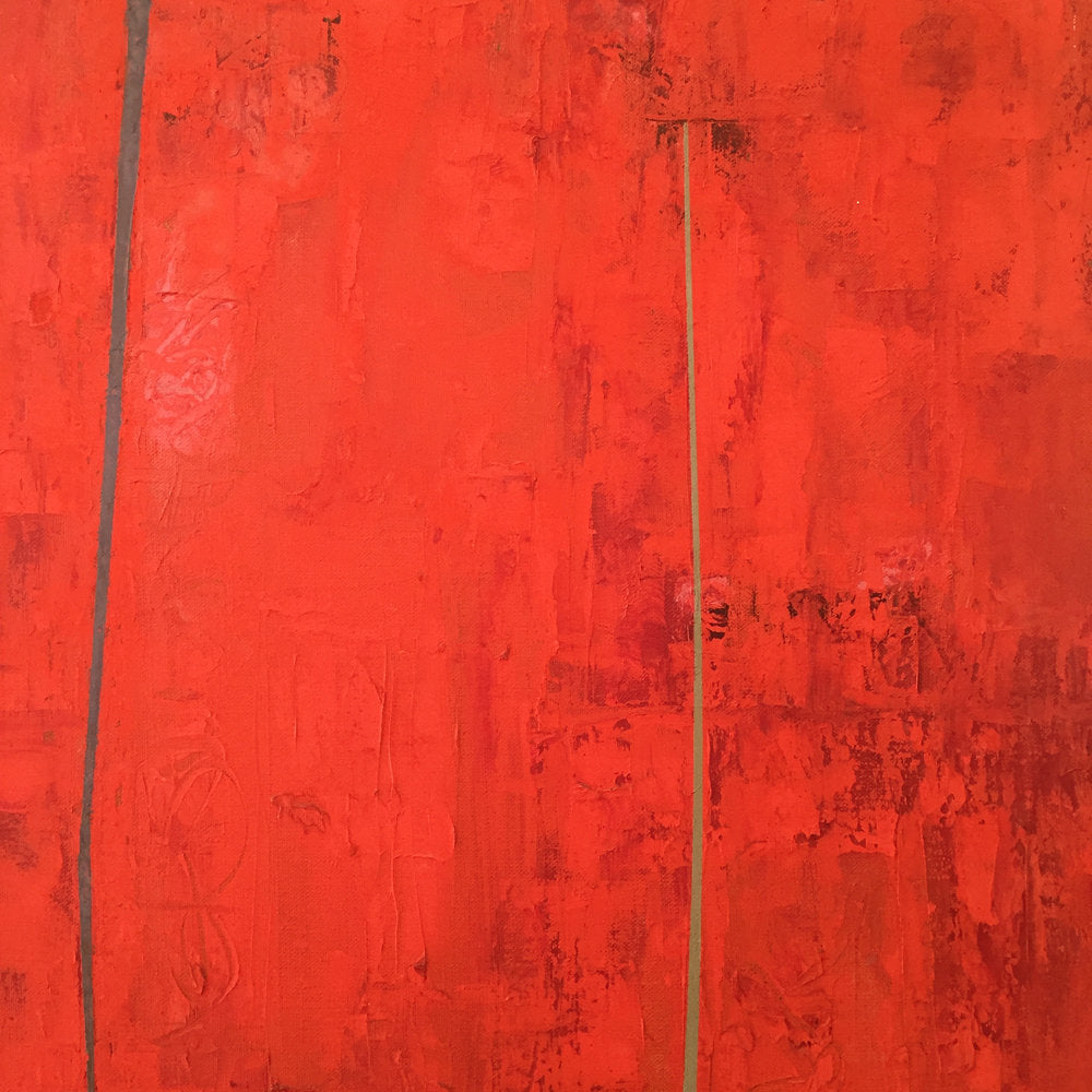 A close up of the texture in the red part of the painting, a few streaks of gold and charcoal.