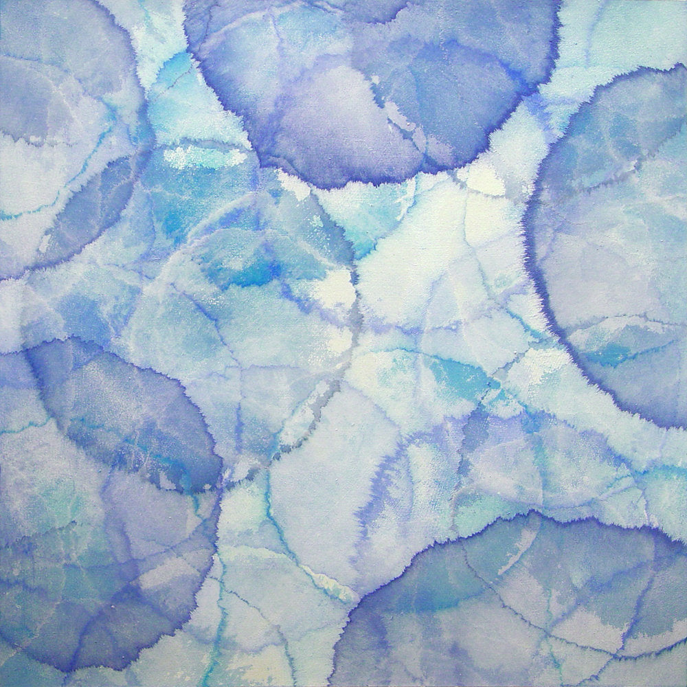 A blue, purple and light grey abstract circle painting by Roger Mudre.