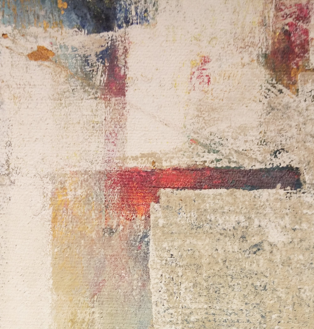 The painting's texture is seen in a detailed closeup.