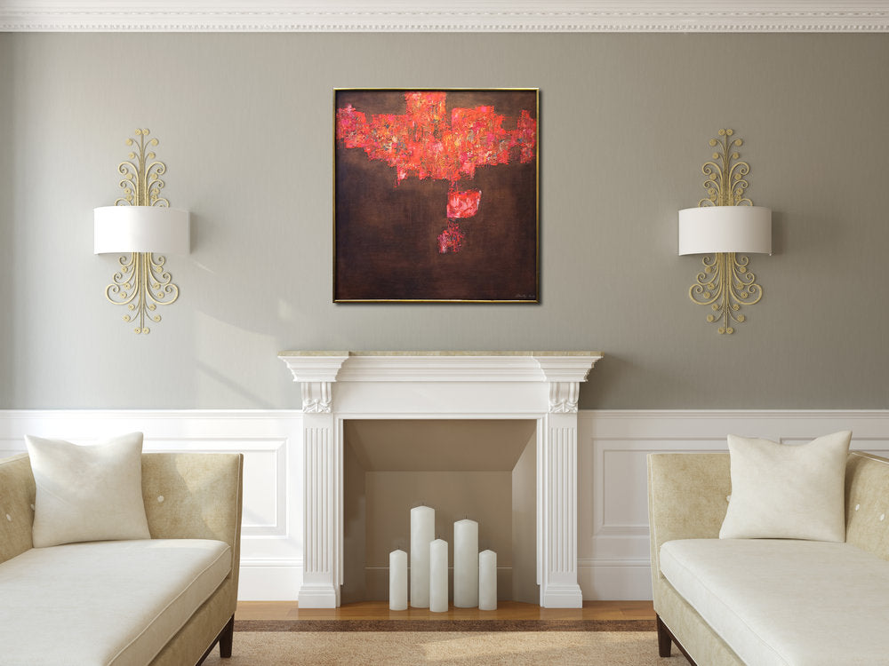 Abstract expressionist painting with brown background and vibrant red, textured foreground.  Painting is displayed in living room with furniture and above the fireplace.
