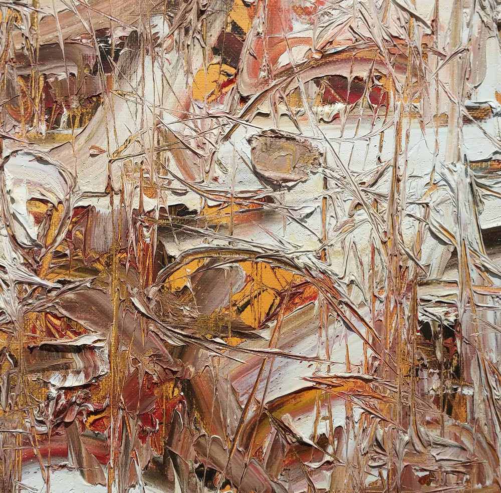 A detailed close up of the painting reveals the scrape marks of a palette knife.