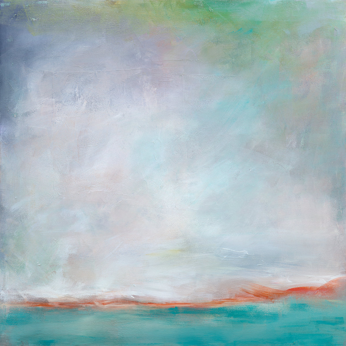A teal and white abstract print with a orange and green accents by Julia Contacessi.