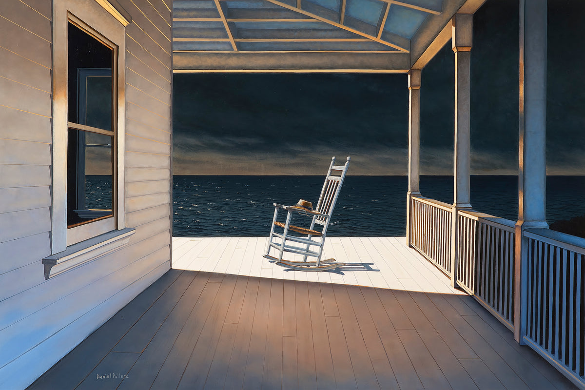 A painting of a rocking chair on a wrap around porch. The ocean is visible in the distance. The sky is dark but there is still some light left at the horizon. The rocking chair is sit at the corner of the porch in a stream of light coming from an unseen source.